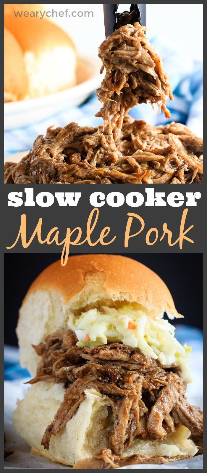 This tender maple pork tenderloin takes just minutes to get into the slow cooker and is amazing piled onto a soft roll for an easy dinner!