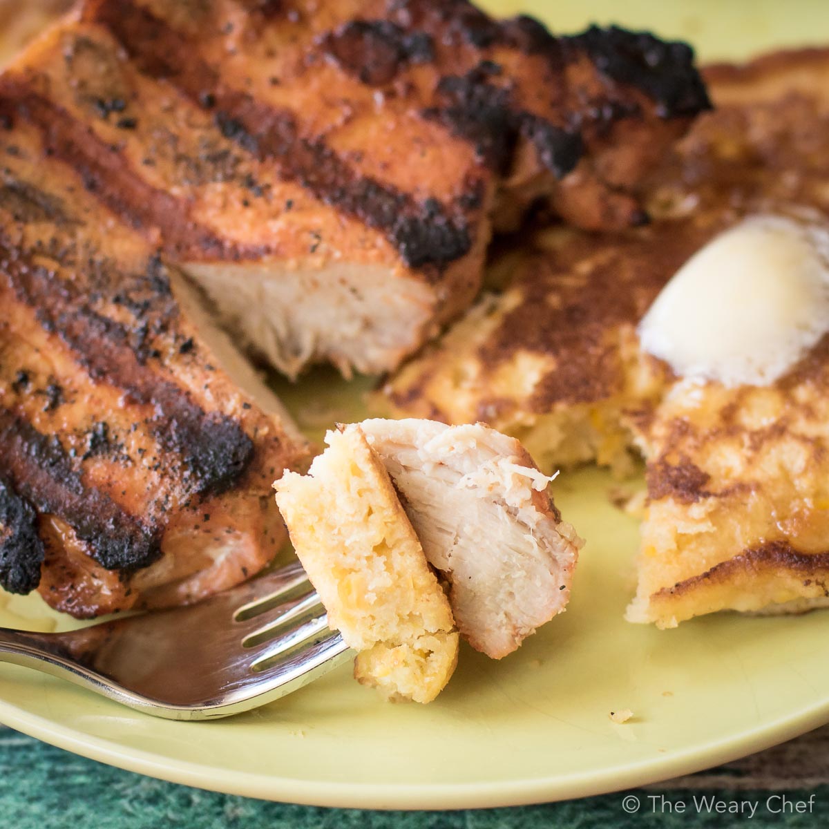 Easy Cream Corn Pancakes paired with freshly grilled pork chops makes for a delicious breakfast or dinner! {30 minute meal | breakfast for dinner }