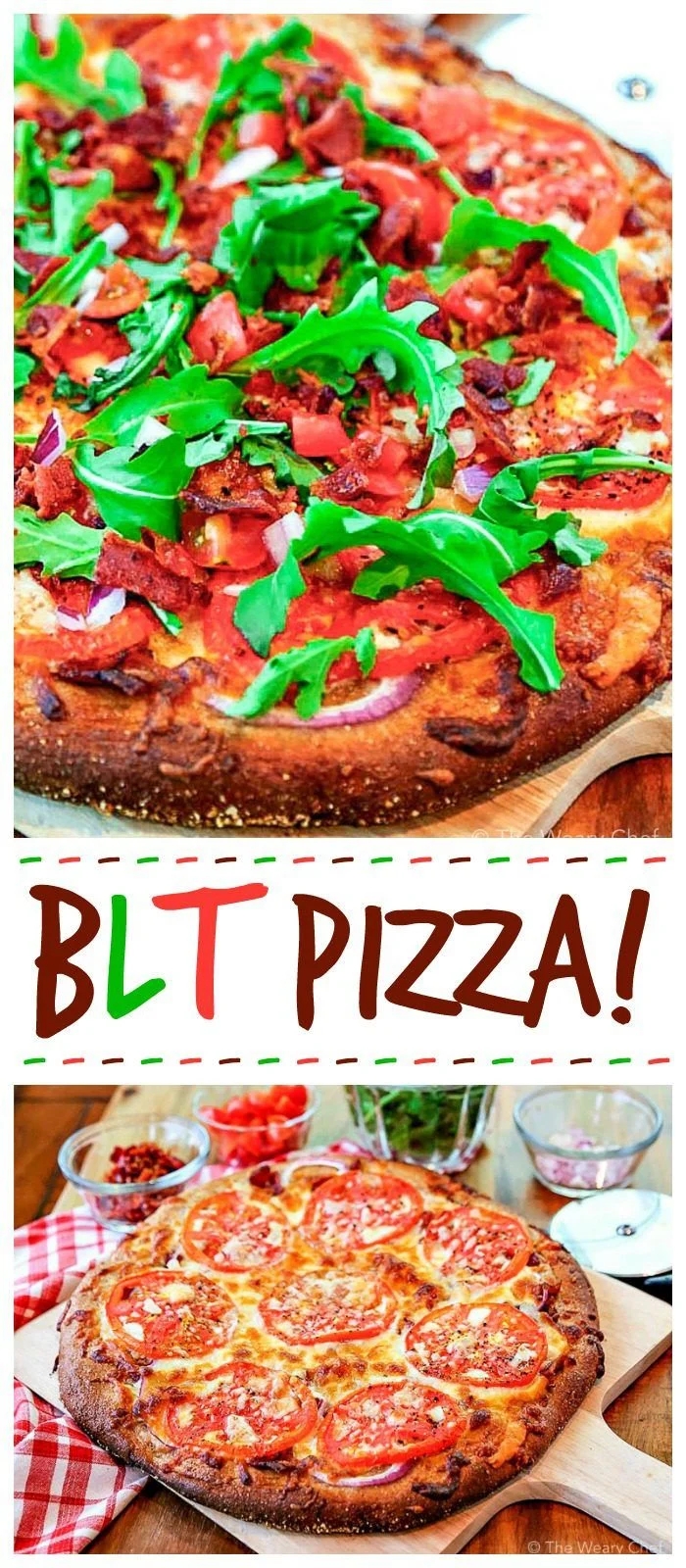 Bite into this BLT pizza loaded with a bacon, red onion, fresh tomatoes, arugula, cheeses, and a garlic-mayo sauce. It's your favorite sandwich turned into a chewy pizza! #blt #pizza #bacon