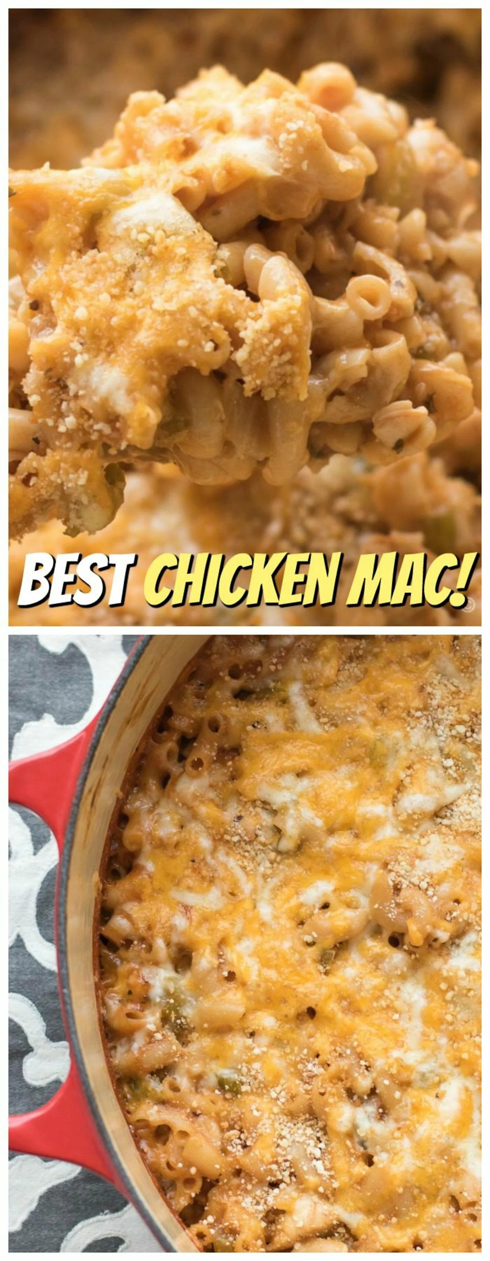 This Cheesy Baked Chicken Macaroni recipe is delicious, easy, and makes GREAT leftovers! I can't wait for you to try it for dinner! #chicken #macaroni #pasta #casserole