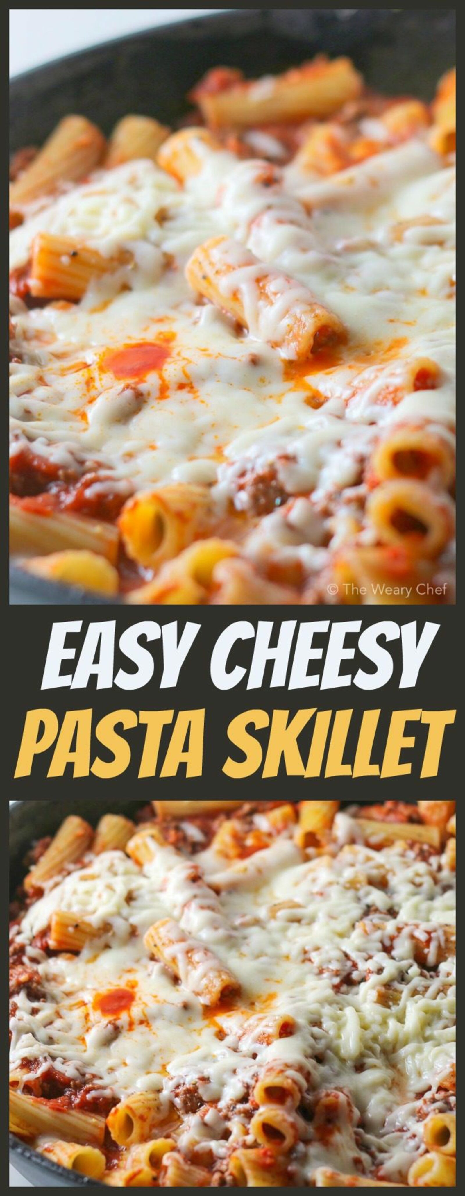 This cheesy skillet pasta is loaded with hearty beef, homemade tomato sauce, and plenty of mozzarella cheese. It is sure to be a favorite dinner recipe in your kitchen! #pasta #skillet #cheese #comfortfood