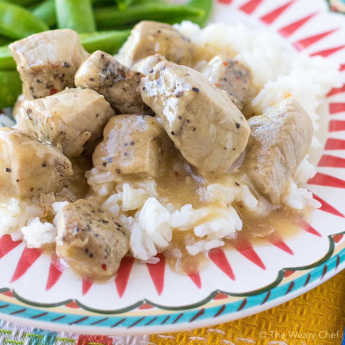 Four-ingredient Pork Tips with Gravy might be my favorite pork recipe ever, and that's saying a lot! This meal is so simple and delicious that you'll want to put it on your menu every week. #pork #gravy #easydinner