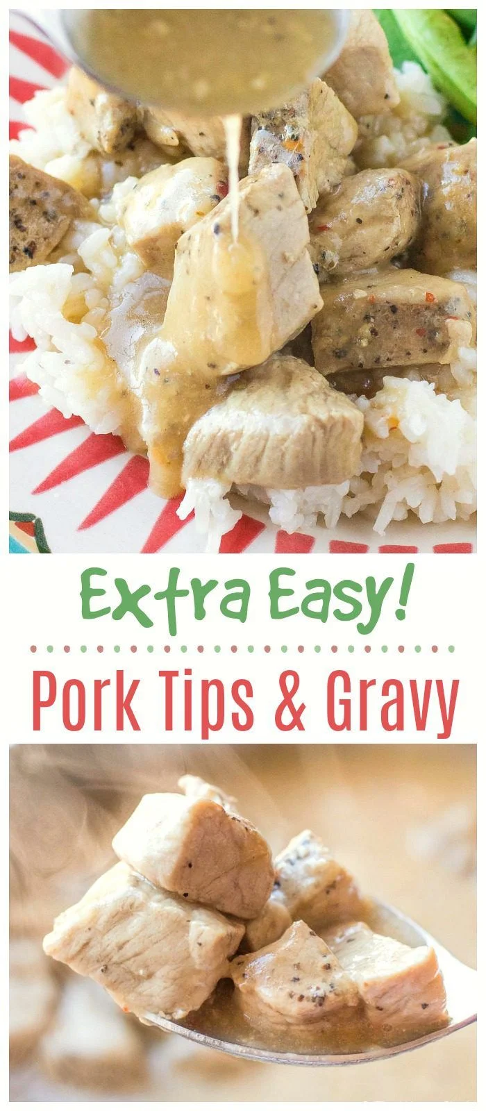 Four-ingredient Pork Tips with Gravy might be my favorite pork recipe ever, and that's saying a lot! This meal is so simple and delicious that you'll want to put it on your menu every week. #pork #gravy #easydinner