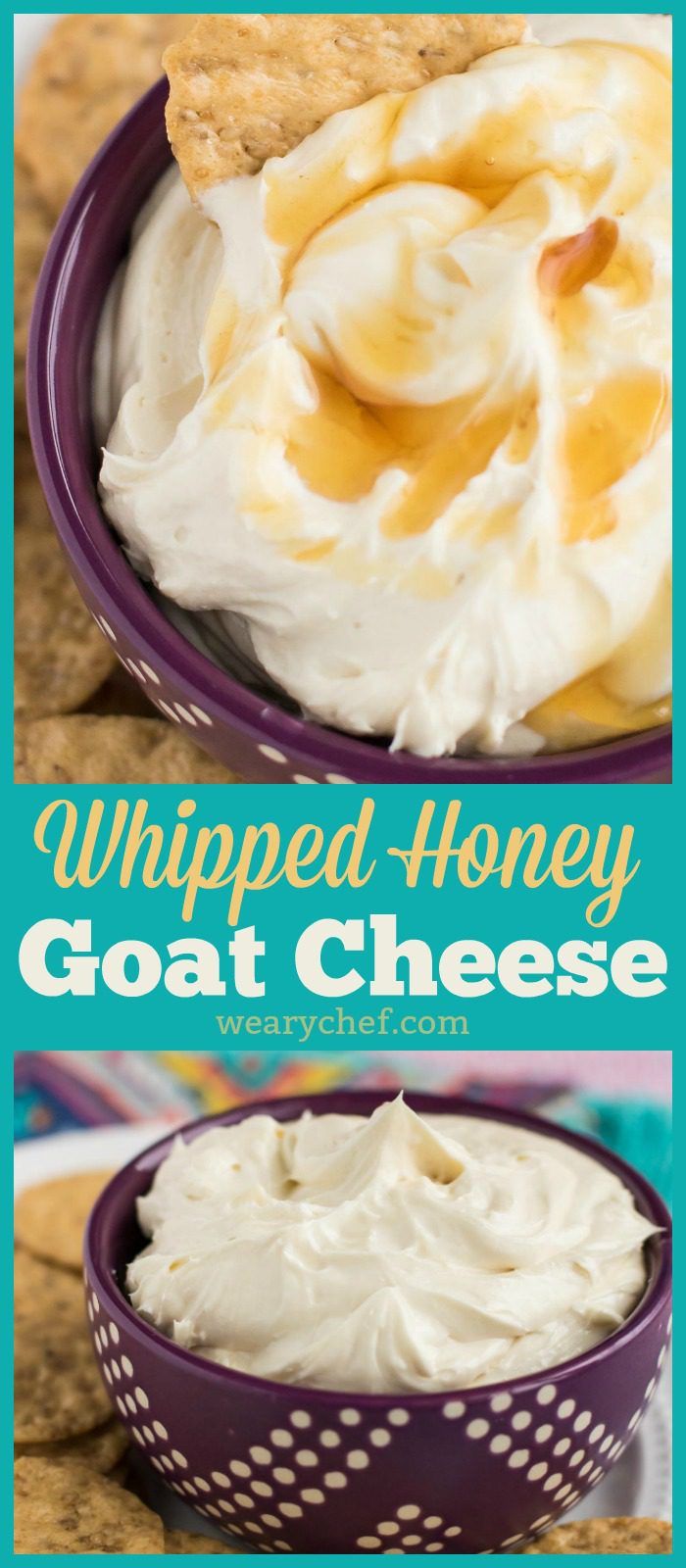 Looking for an easy appetizer to serve at your next party? This Honey Whipped Goat Cheese Spread is IT! All you need is tangy chevre, rich cream cheese, and sweet raw honey. #honey #chevre #goatcheese #cheesedip #appetizer