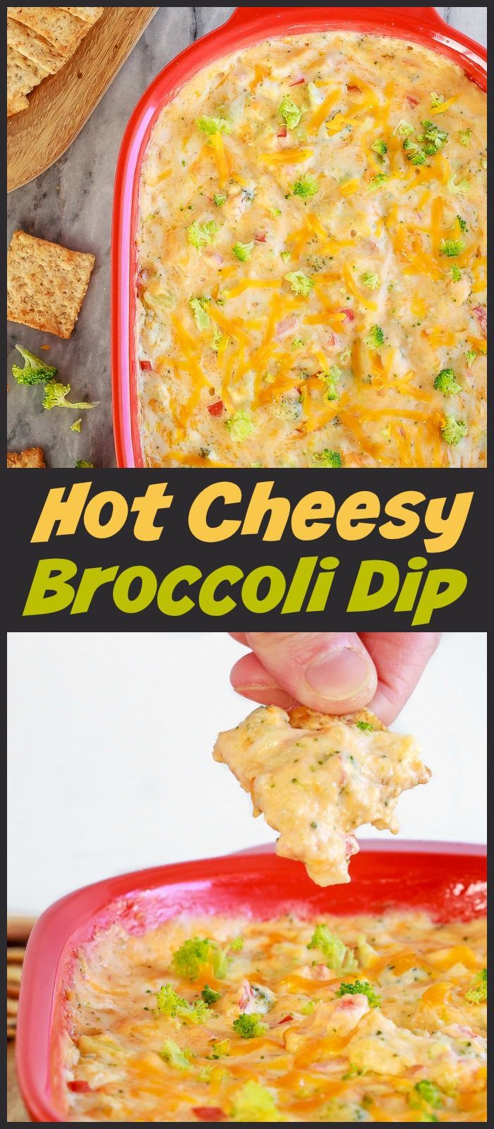 This hot, baked broccoli cheese dip is easy to mix up and can be made ahead of time. Everyone will love this appetizer served with crackers, chips or veggies! #dip #broccoli #cheese #cheddar #appetizer