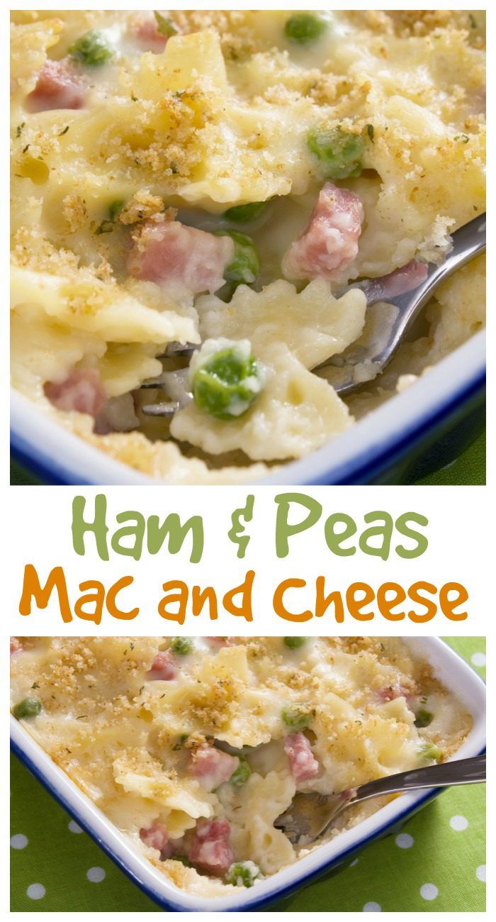 This baked mac and cheese with ham and peas is a favorite dinner of kids and adults! #macandcheese #noodles #casserole #pasta #ham #peas