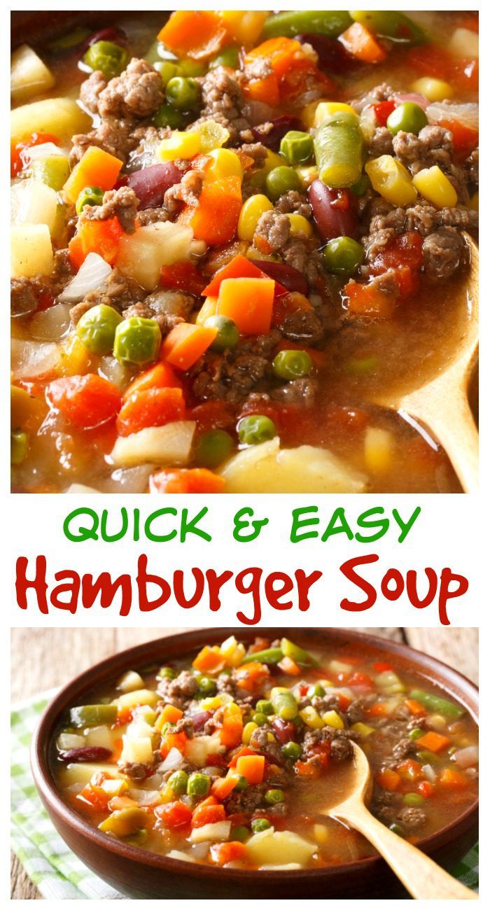 This easy hamburger soup is loaded with ground beef and vegetables. Make it in the slow cooker or in about a half hour! #beef #soup #vegetables #healthy