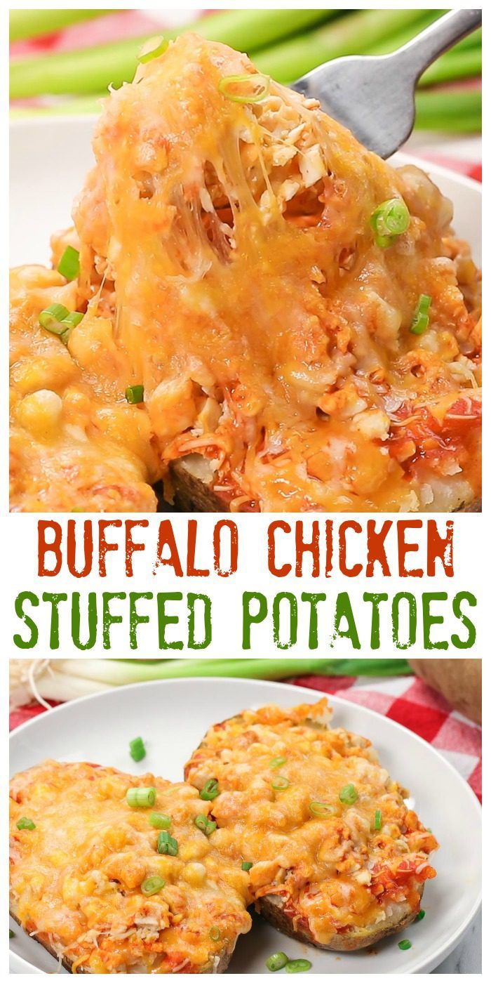 Cheesy Buffalo Chicken Stuffed Potatoes are a flavorful meal that comes together quickly. They are a perfect way to enjoy leftover or rotisserie chicken! #buffalochicken #bakedpotato #stuffedpotato #spicy