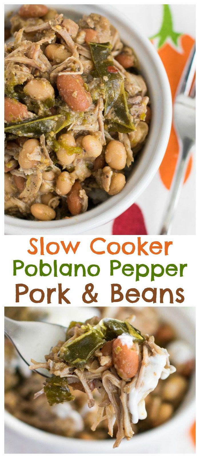 Slow Cooker Pork and Beans with Poblano Peppers is a super simple dinner recipe that tastes incredible! #pork #crockpot #slowcooker #beans