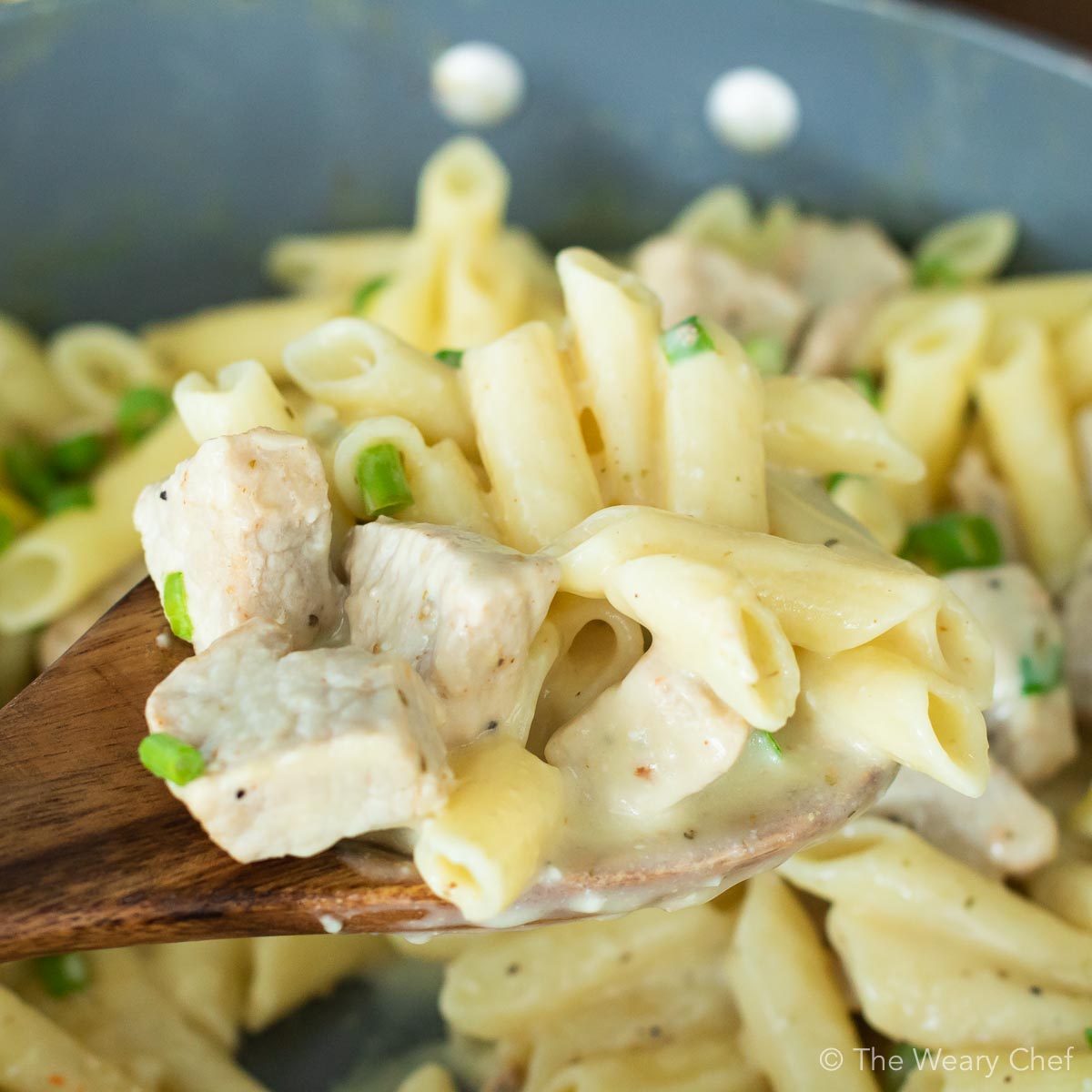 This one-pot Lemon Garlic Pasta with Pork can be on the table in about a half hour. It's a dish the whole family will love and perfect for busy nights! #thewearychef #pasta #pork #dinner #easyrecipe #sponsored