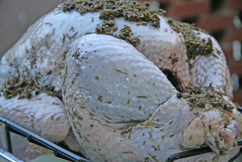 whole raw turkey seasoned with herbs and spices