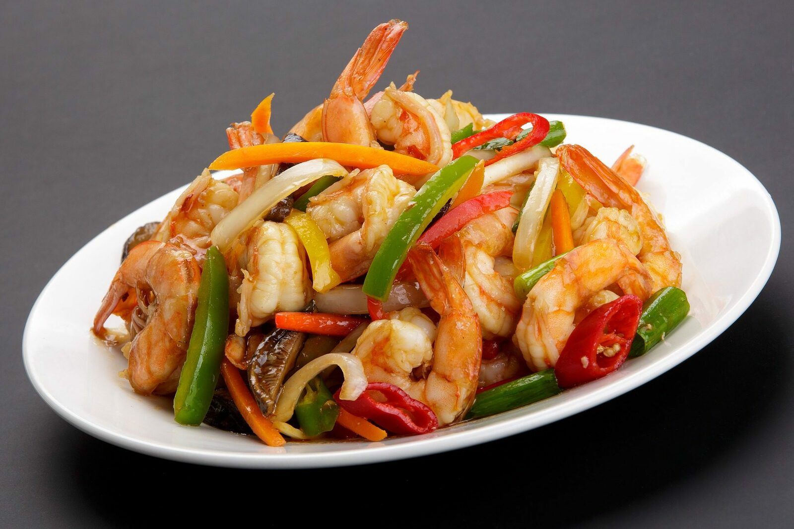 Shrimp and vegetables that were cooked as a sheet pan dinner