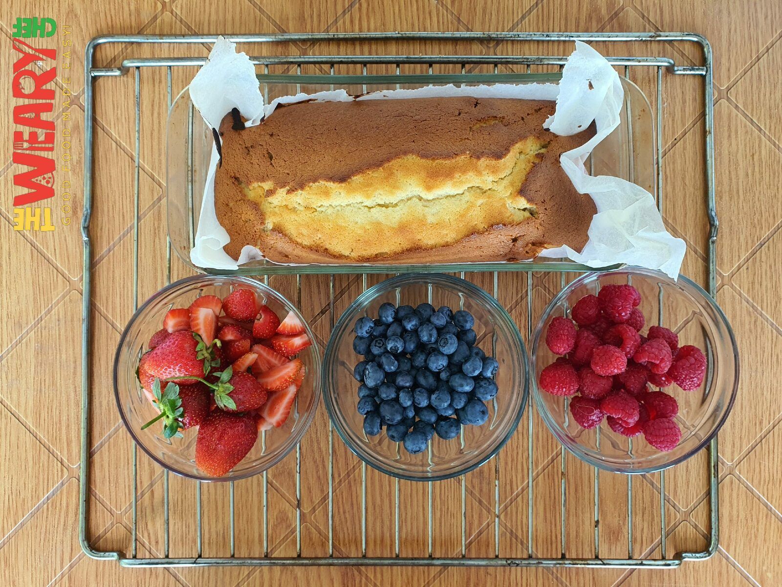 baked cream cheese pound cake and berries