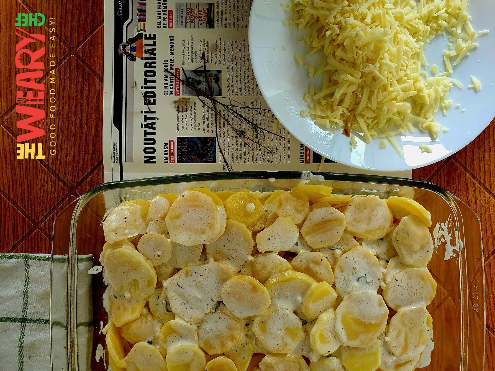 potatoes and cream mixture in baking dish