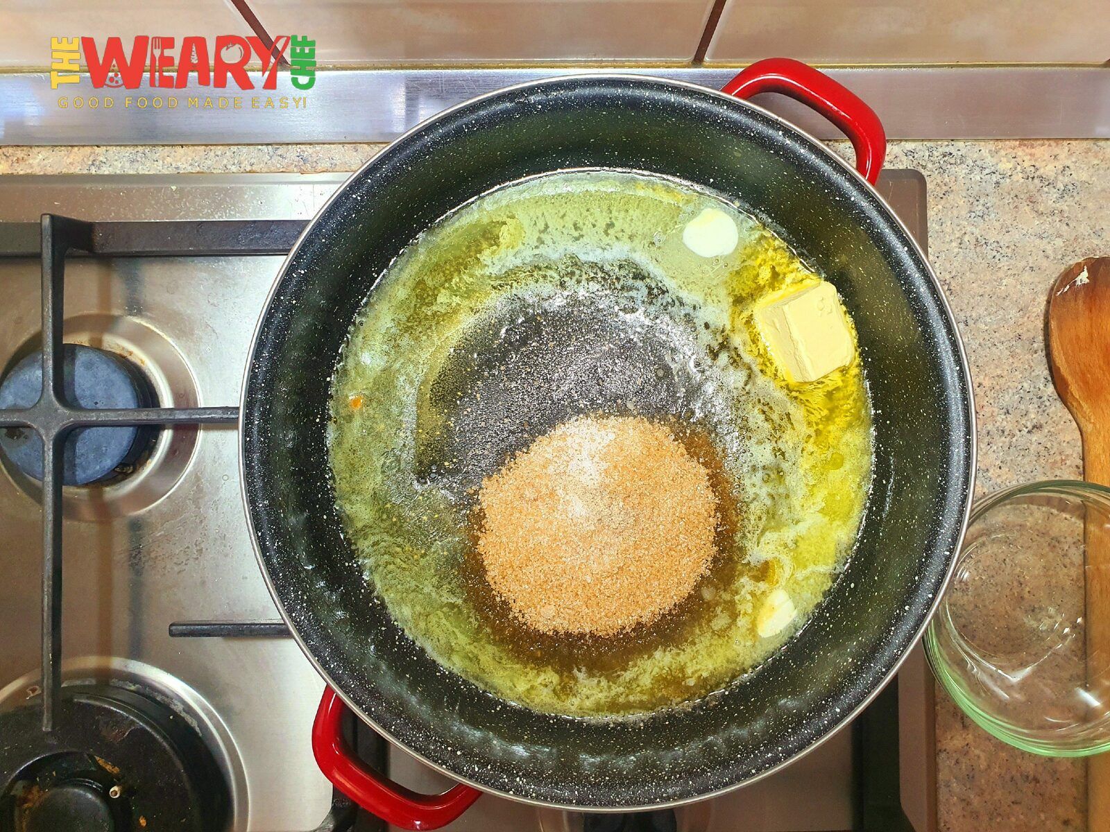 sugar and condiments in melted butter