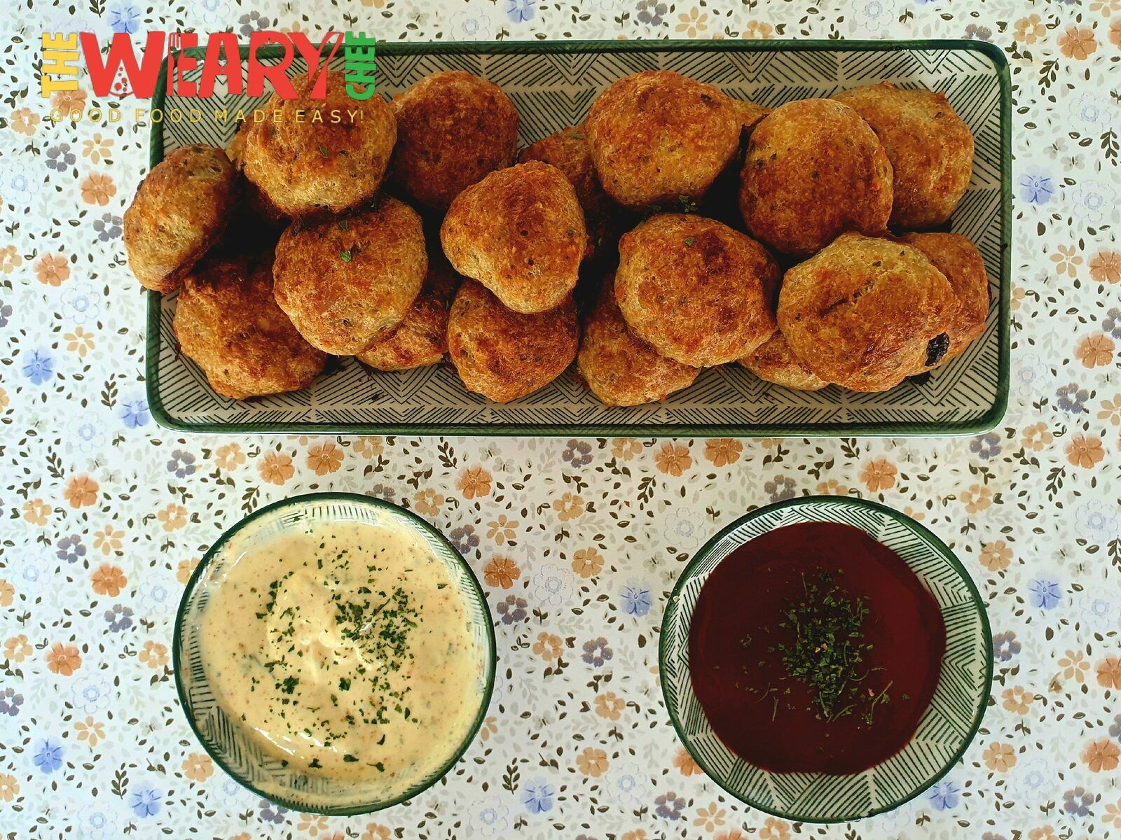 baked chicken meatballs and sauces