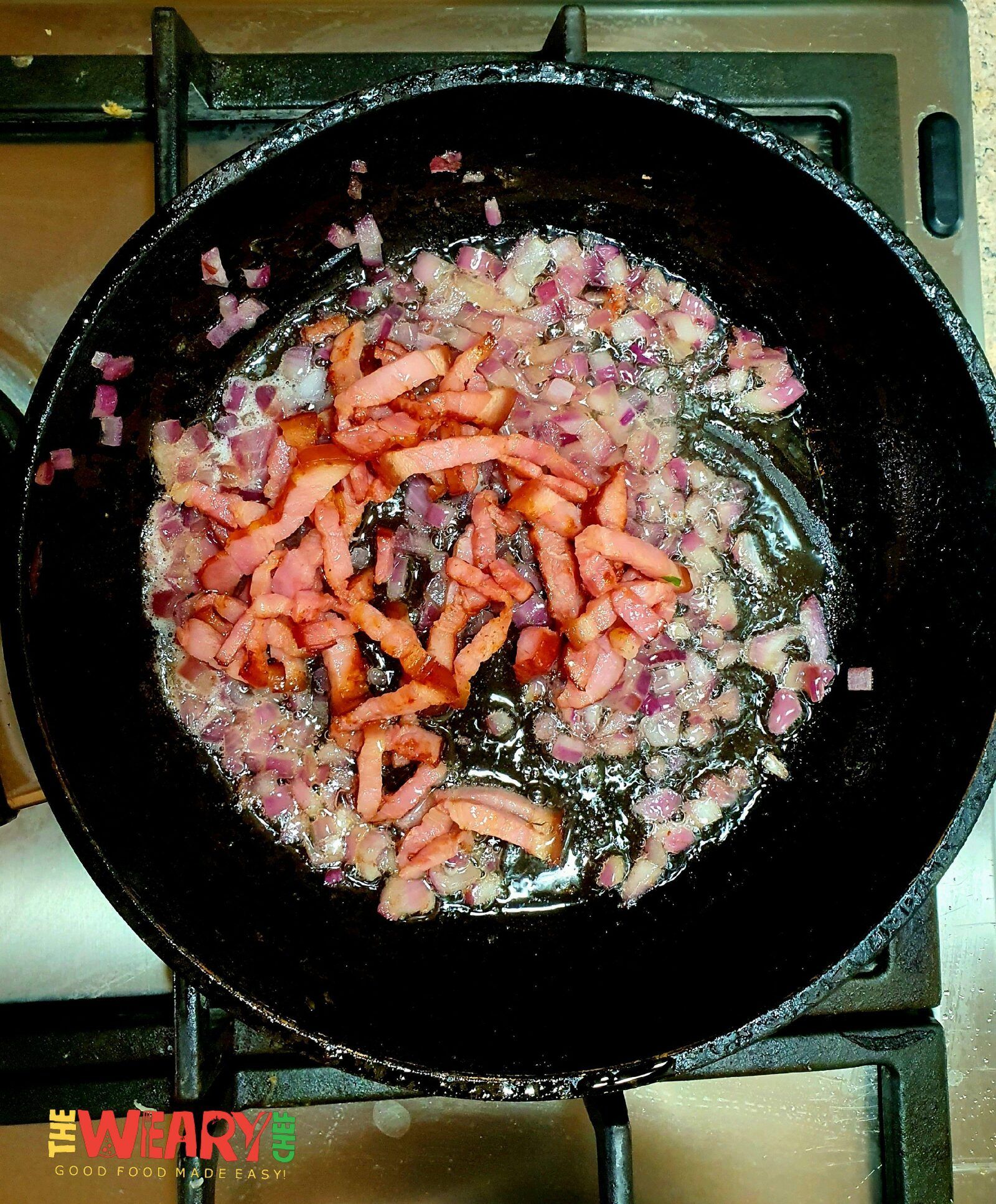 bacon and shallot in skillet