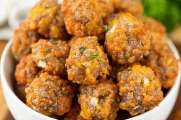 Sausage Balls stacked on a bowl