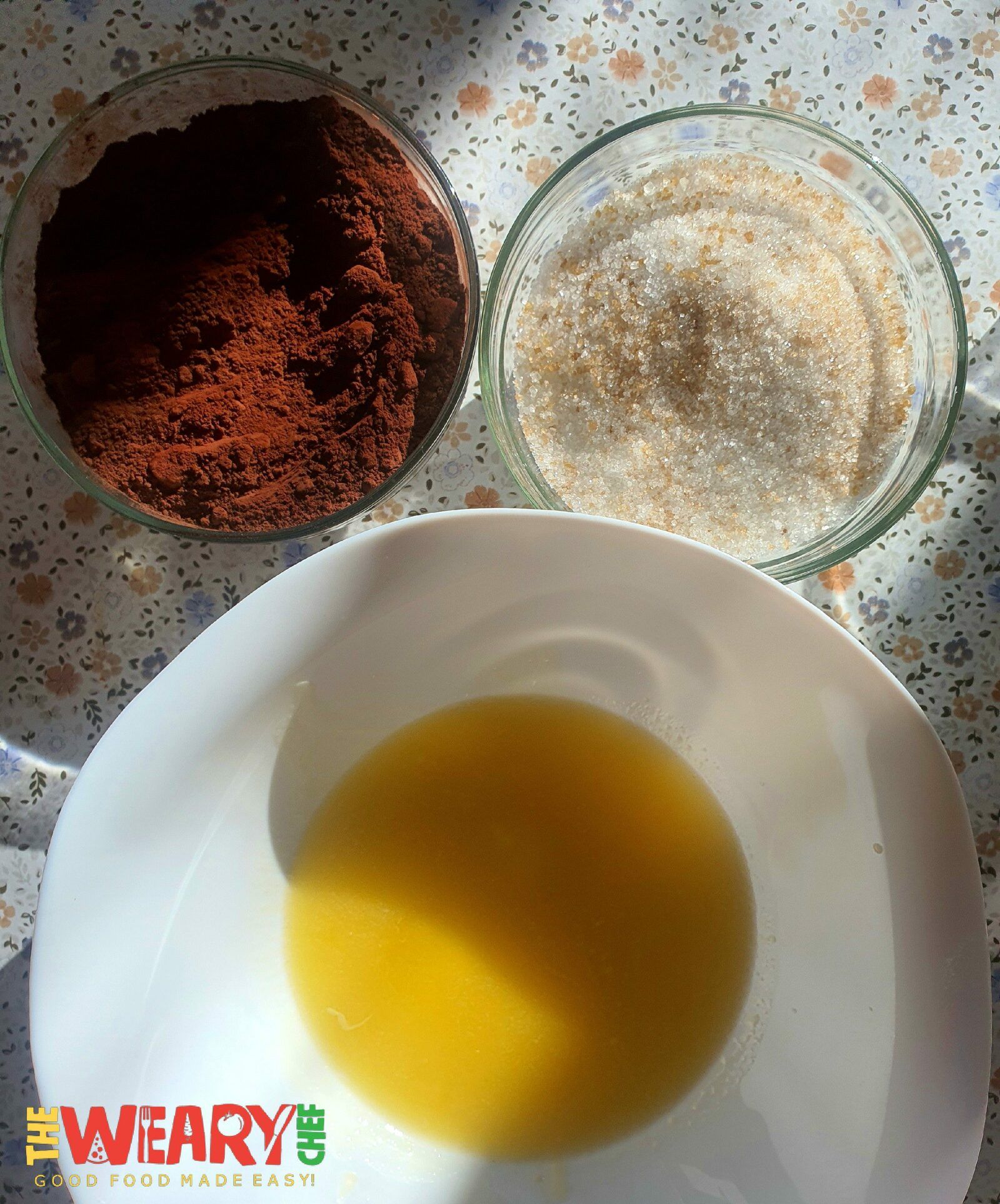 cocoa powder, sugars, and melted butter