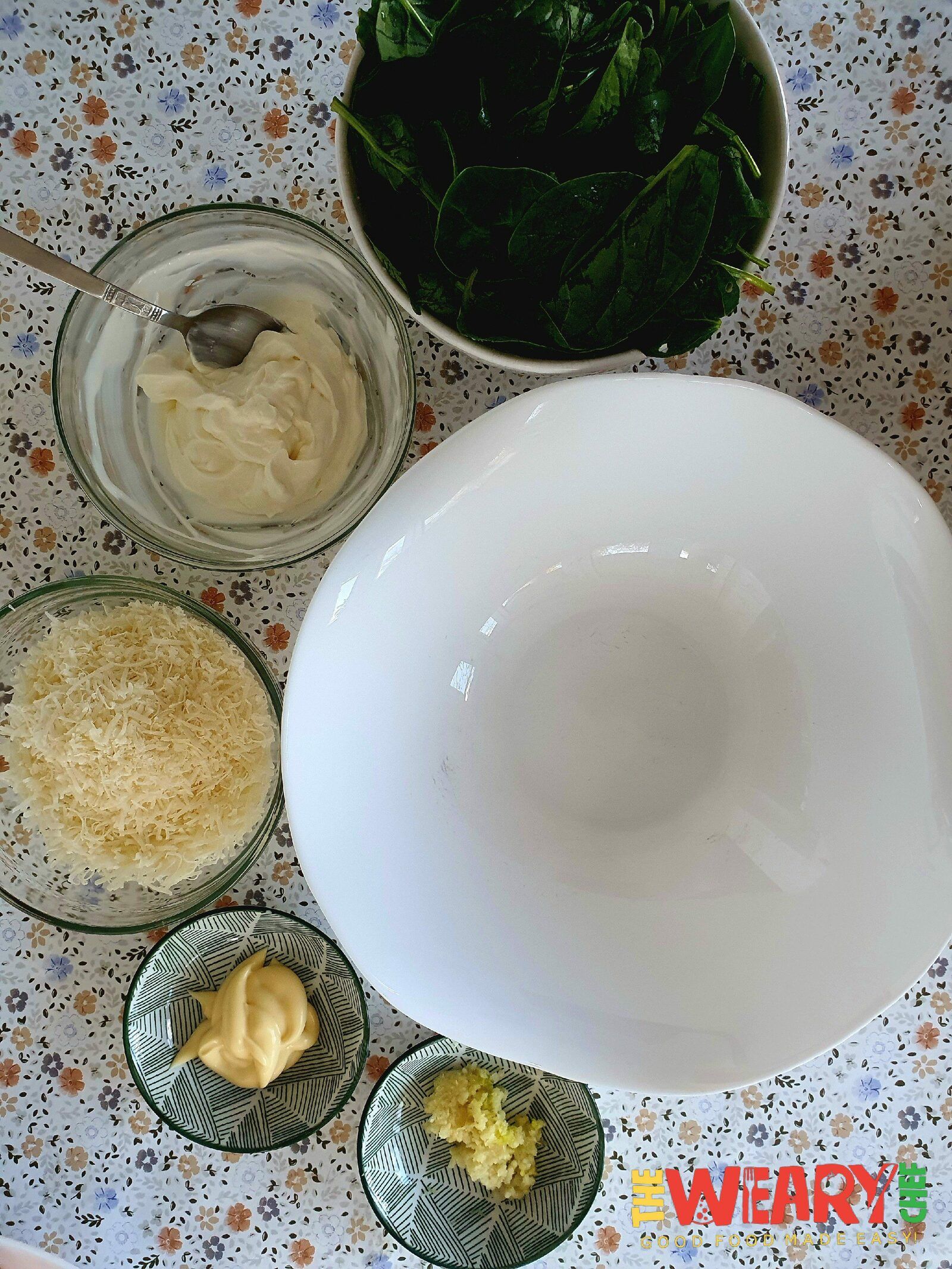 cream cheese, Parmesan cheese, mayonnaise, spinach, minced garlic, red pepper flakes