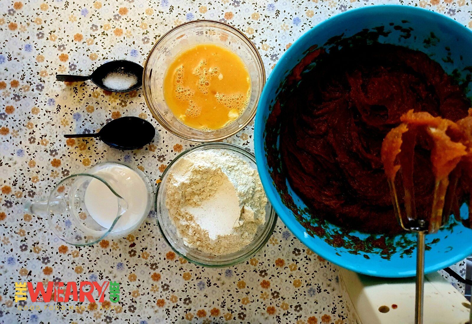 eggs, milk, vanilla, flour, and salt