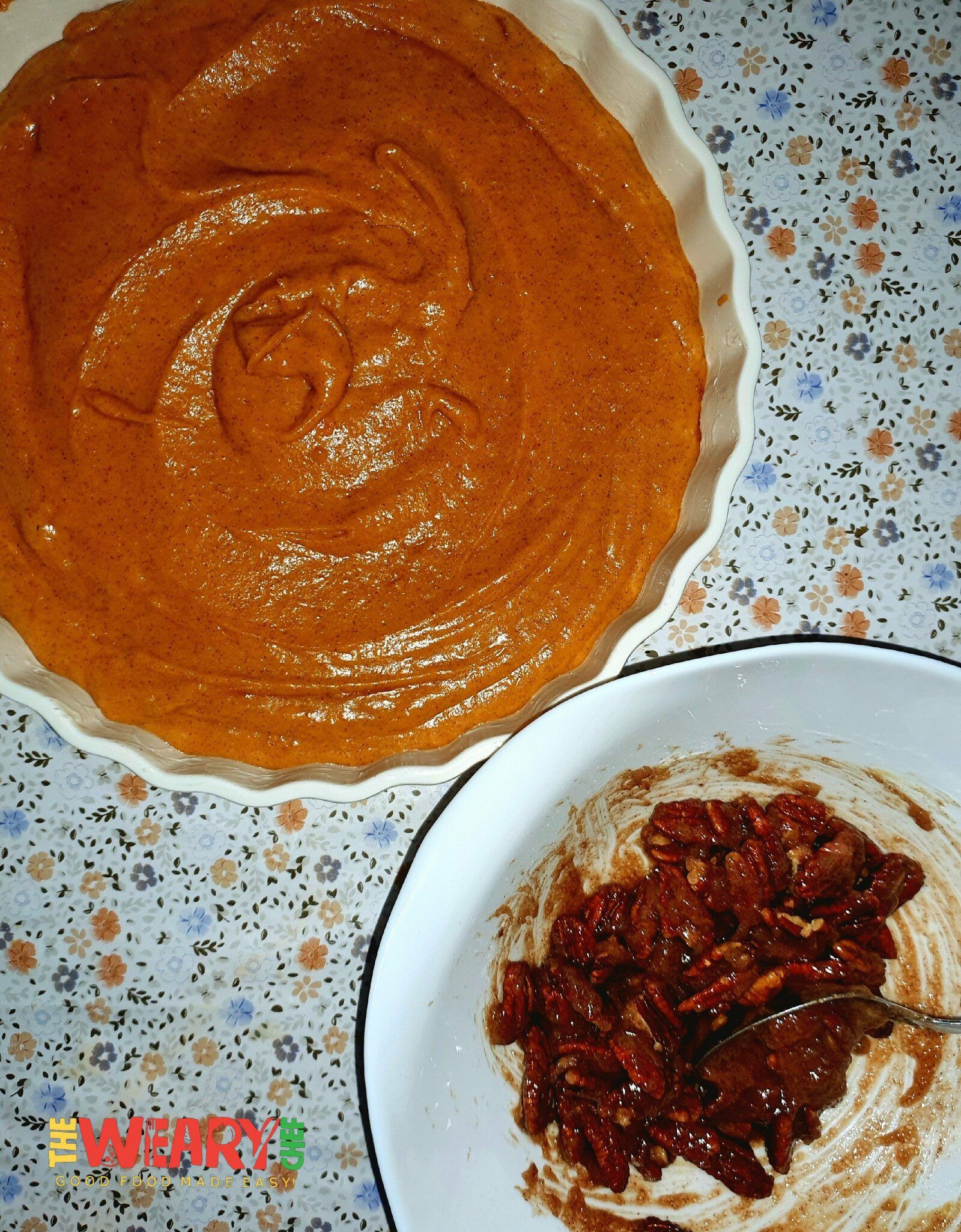 pecan topping on the surface of the sweet potato souffle