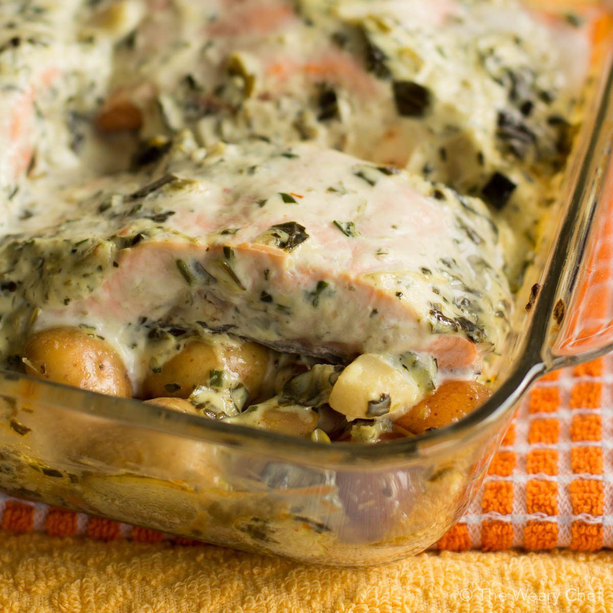 BAKED SALMON WITH SPINACH DIP AND POTATOES