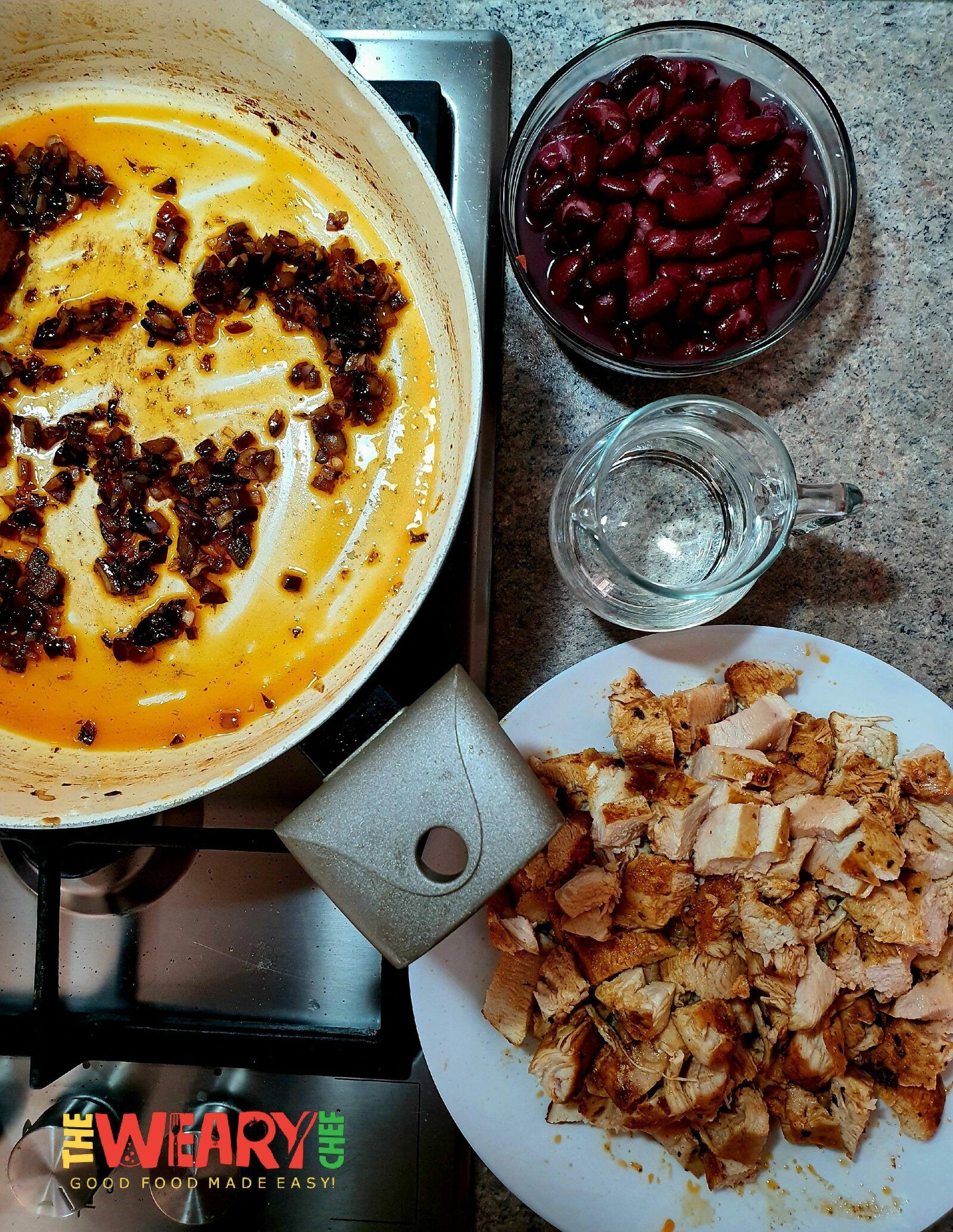 red beans, chicken, and water