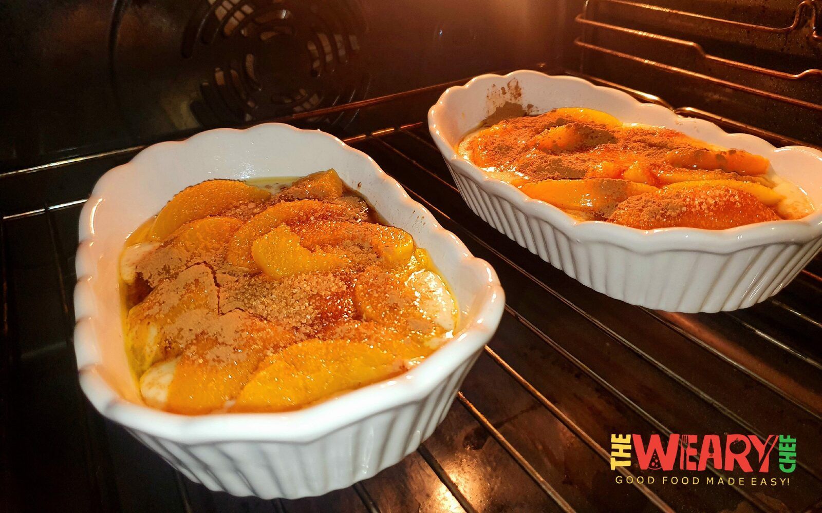 peach cobbler in the oven