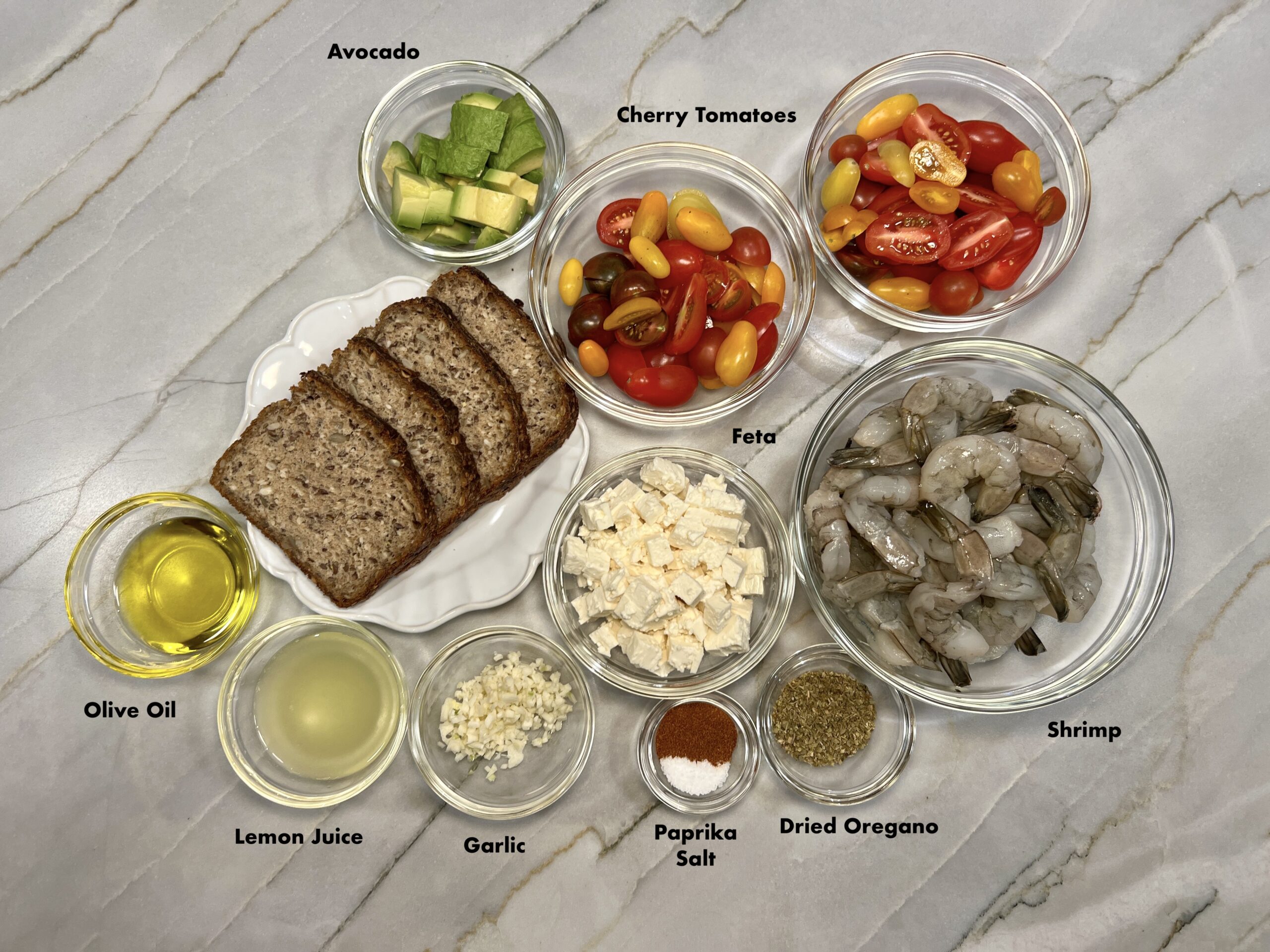 ingredients used to make sheet pan shrimp with tomatoes and feta