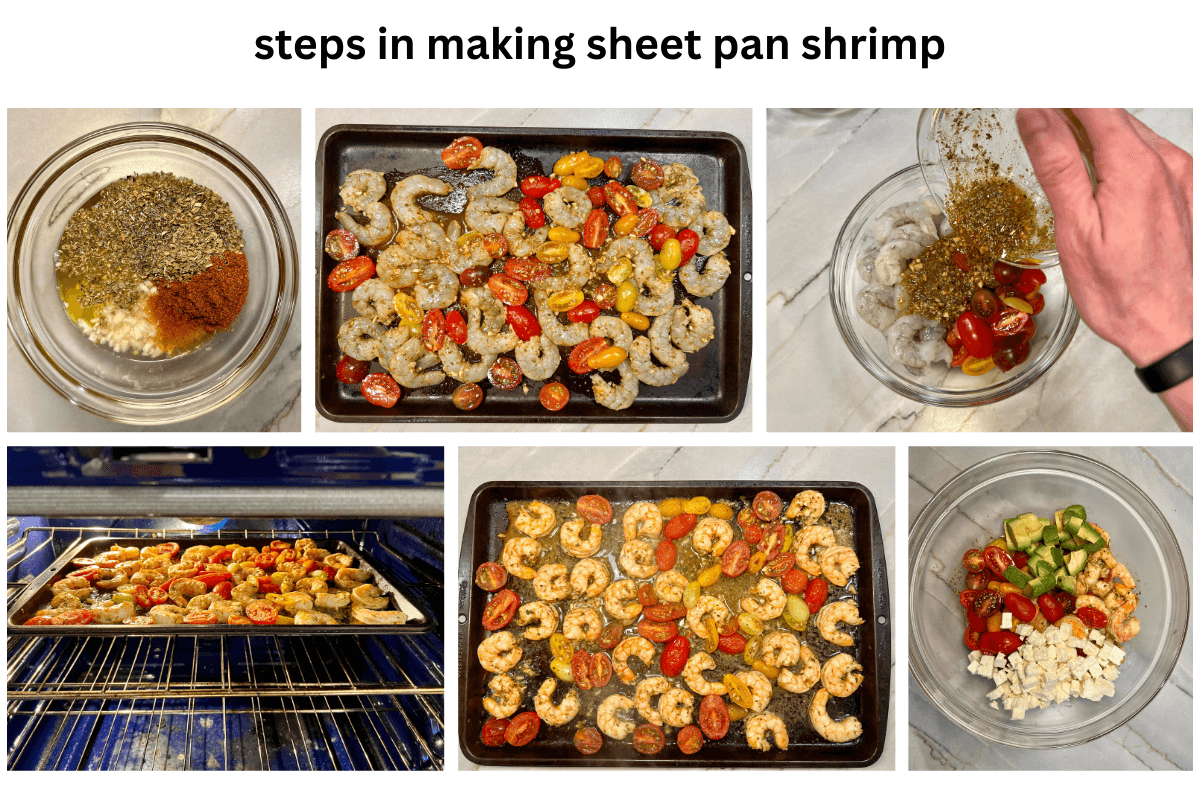 steps in making sheet pan shrimp with tomatoes and feta